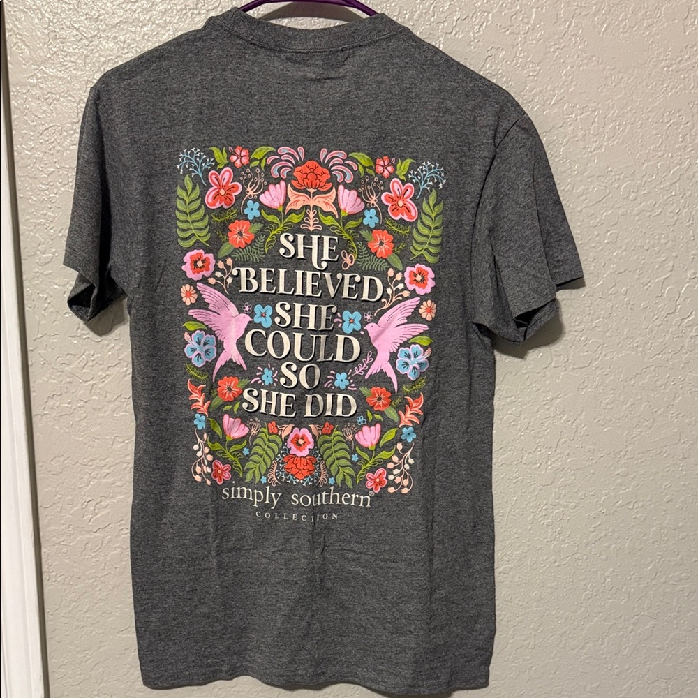 Simply Southern Dark Gray Tee with Colorful Floral & Bird Motif